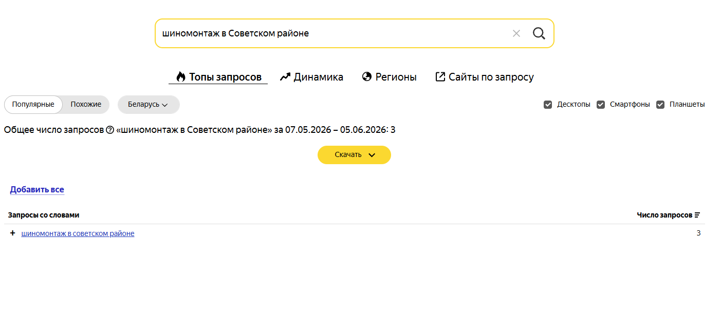 Пример НЧ конверсионного запроса Wordstat статистика по запросу шиномонтаж в Советском районе